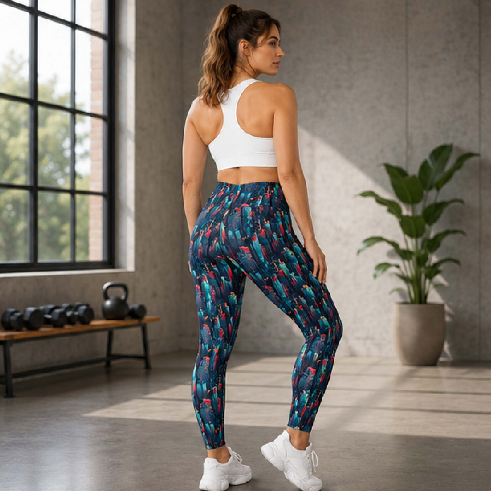 YGEIA Fitness Abstract Urban Scene Crossover Leggings with Pockets