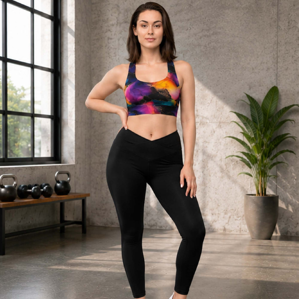 YGEIA Fitness Black Ink Rainbow Back Longline Sports Bra