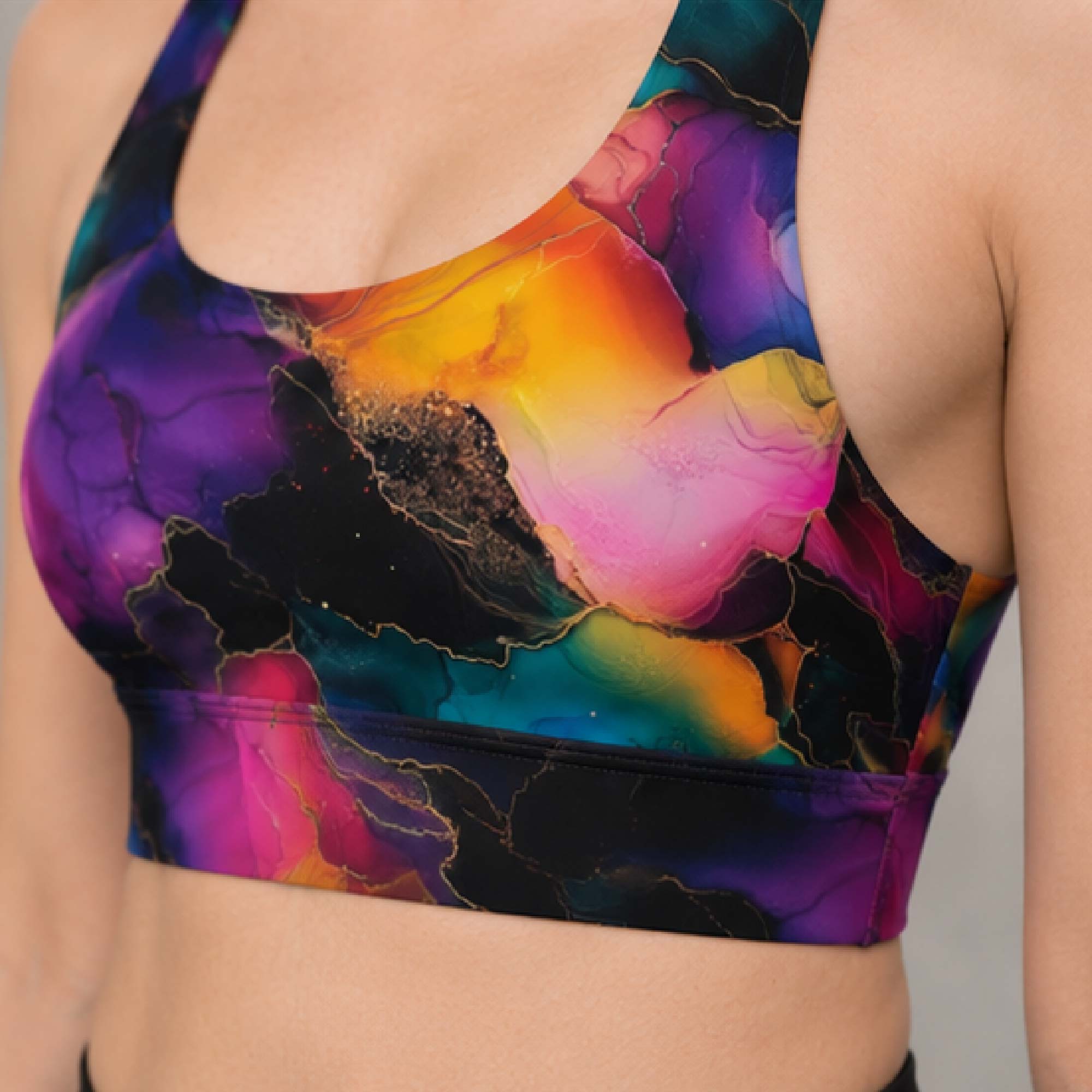 YGEIA Fitness Black Ink Rainbow Back Longline Sports Bra