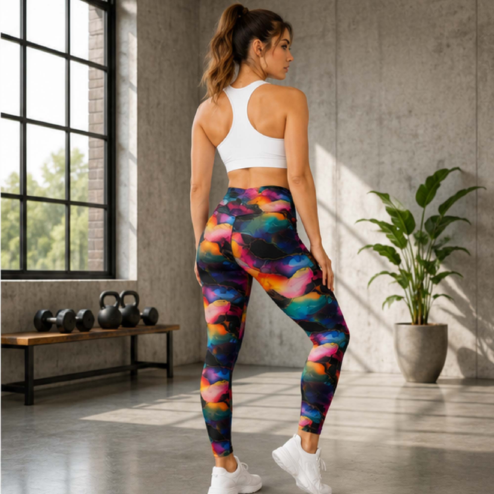 YGEIA Fitness Black Ink Rainbow Crossover Leggings with Pockets