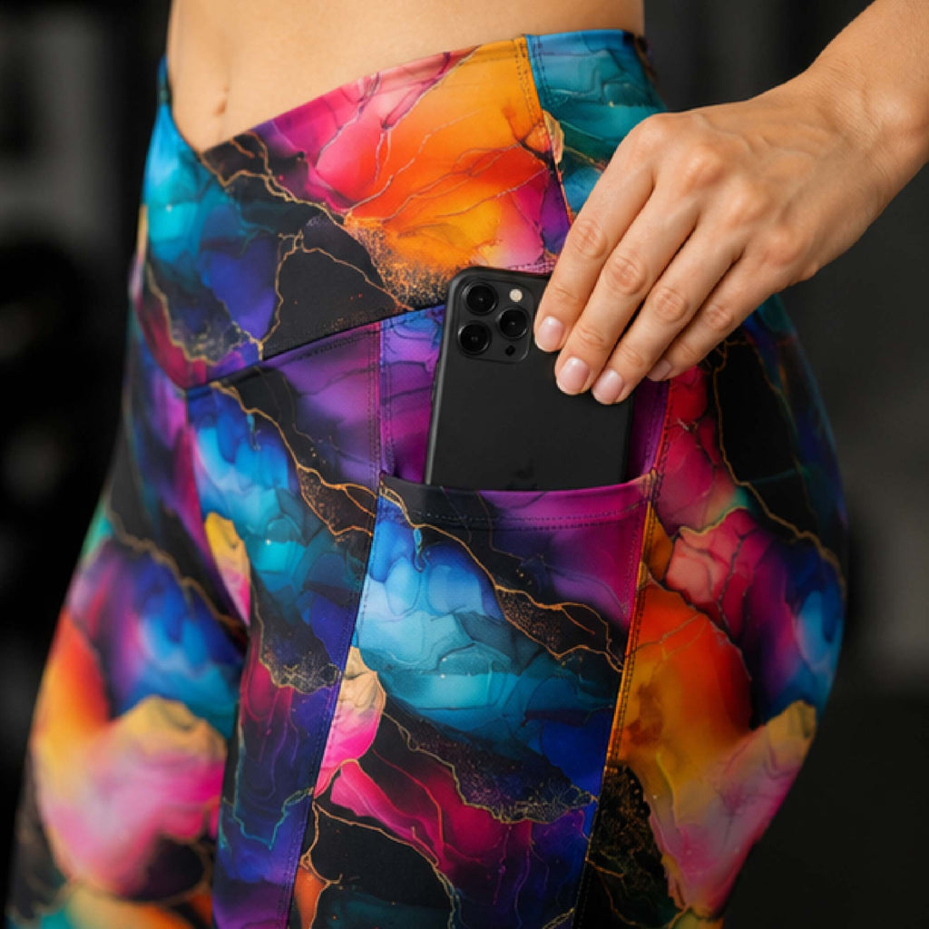 YGEIA Fitness Black Ink Rainbow Crossover Leggings with Pockets