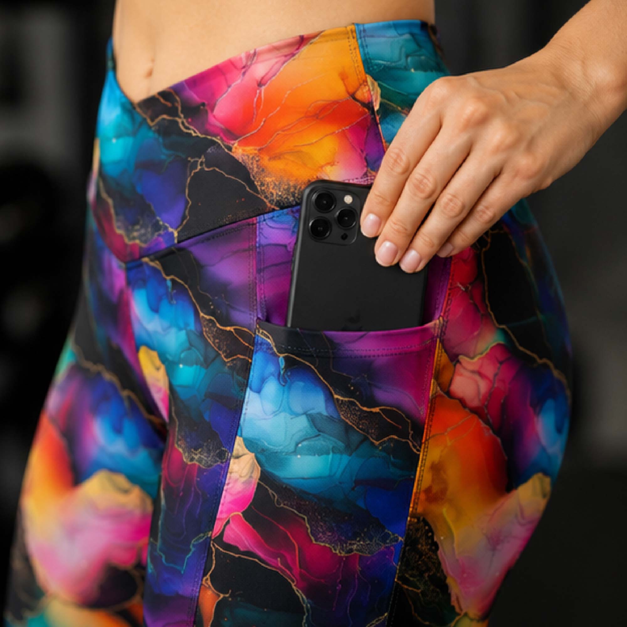 YGEIA Fitness Black Ink Rainbow Crossover Leggings with Pockets