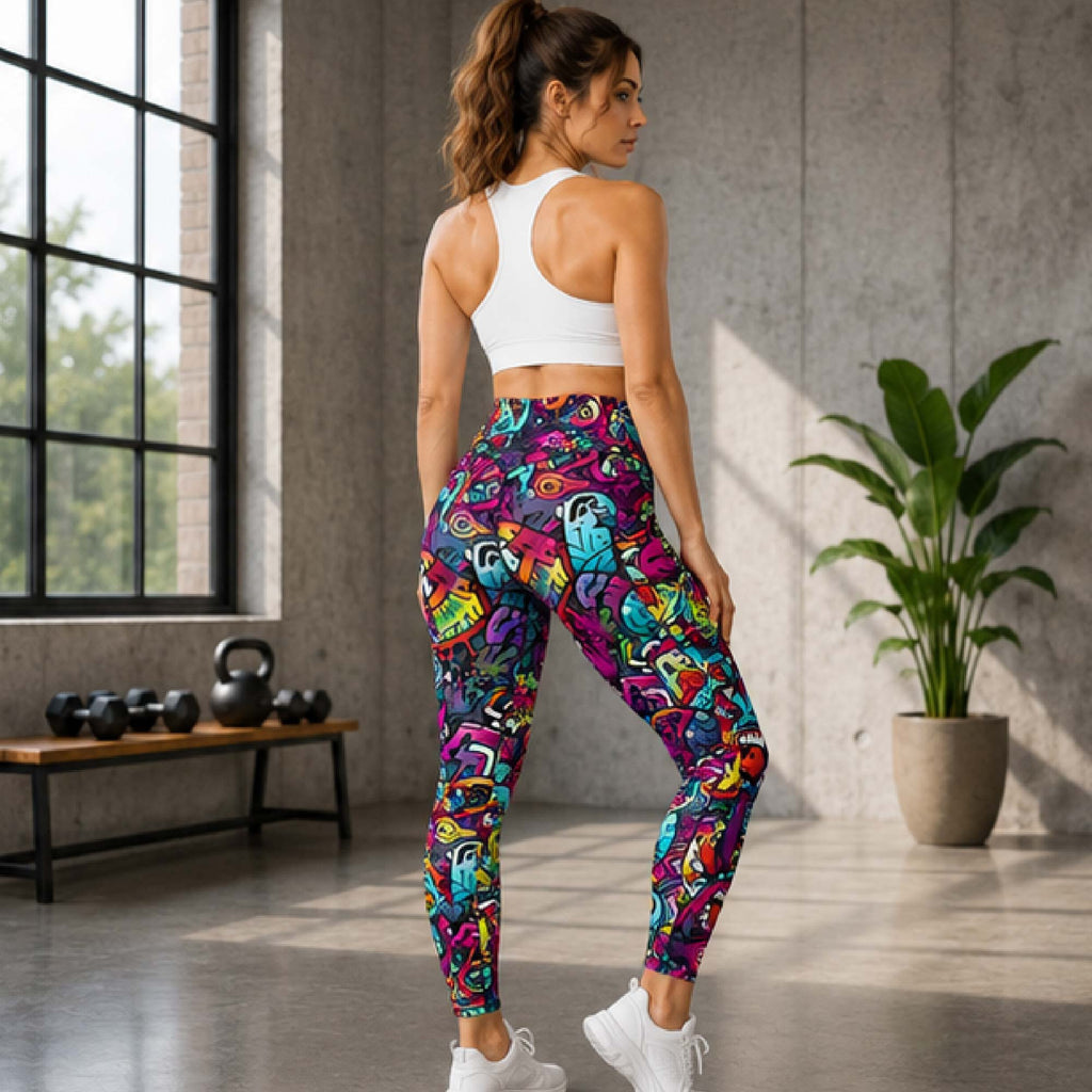 YGEIA Fitness Graffiti Crossover Leggings with Pockets