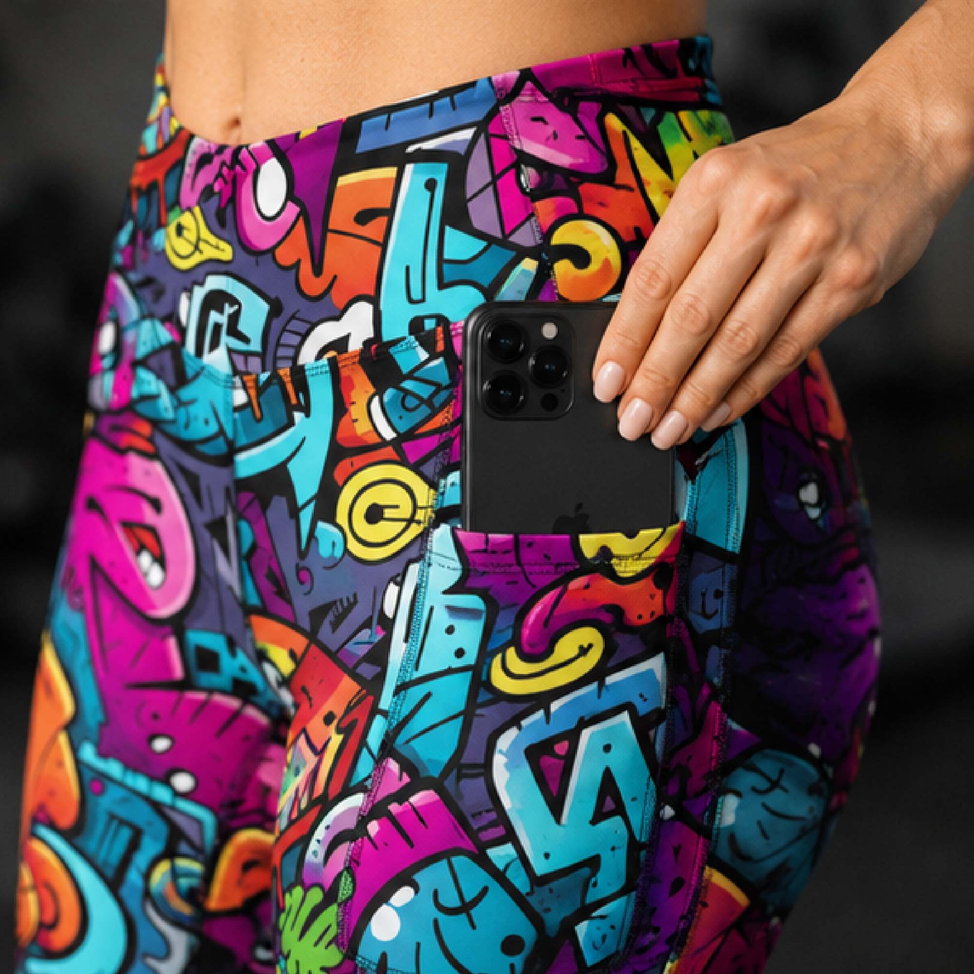 YGEIA Fitness Graffiti Crossover Leggings with Pockets