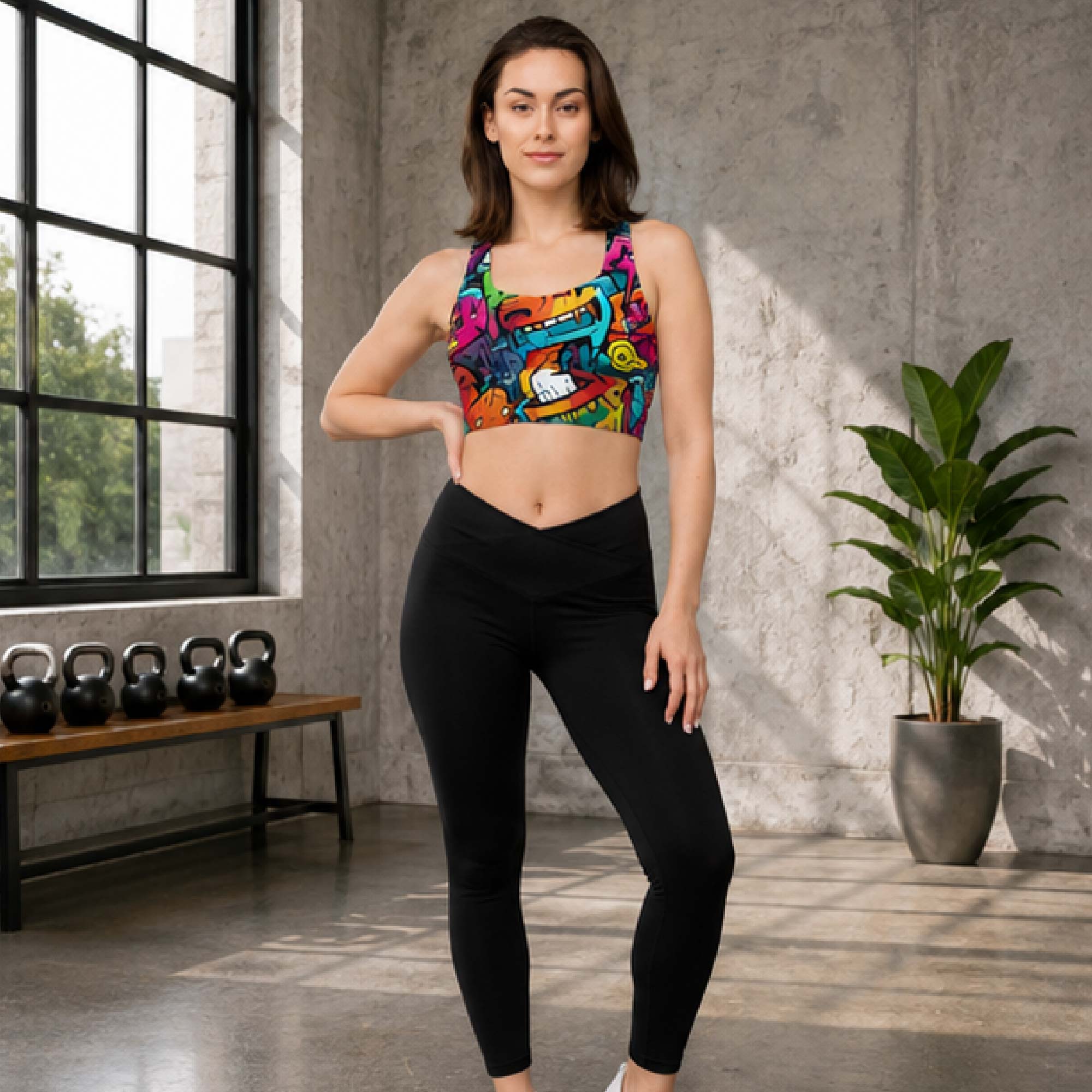 YGEIA Fitness Abstract Graffiti Longline Sports Bra