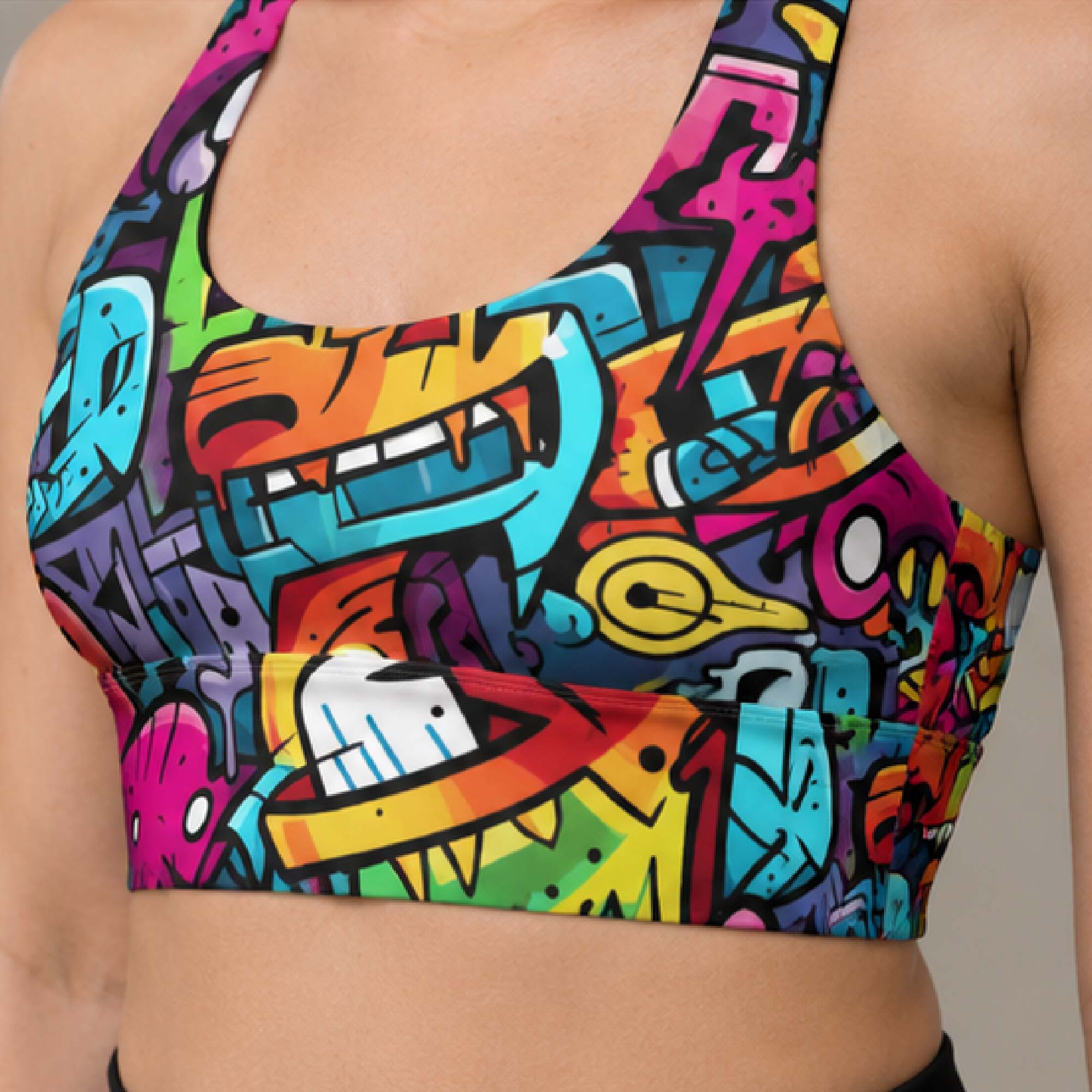 YGEIA Fitness Abstract Graffiti Longline Sports Bra